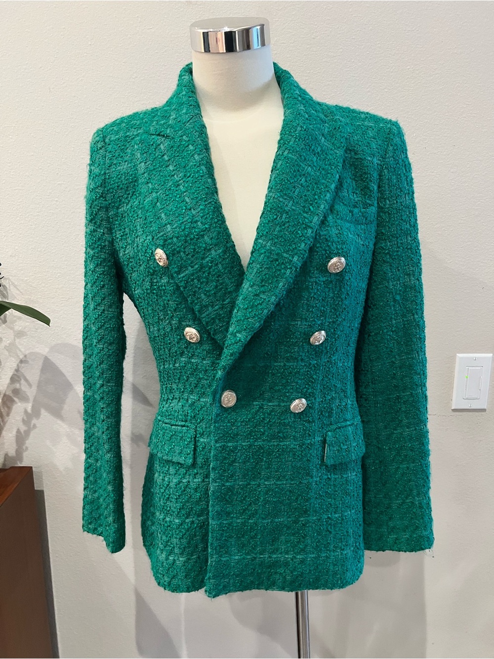 Zara Womens Emerald Green Double-Breasted Bouclé Blazer Size Medium Gold Buttons